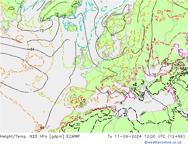 Height/Temp. 925 hPa ECMWF Tu 11.06.2024 12 UTC