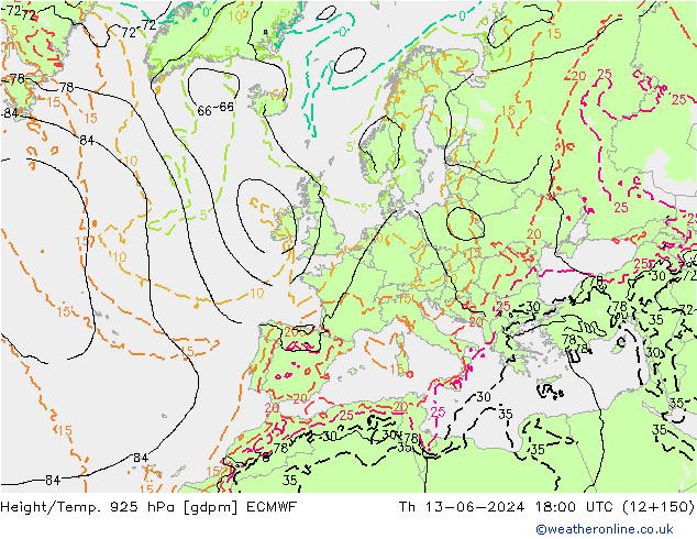 Height/Temp. 925 hPa ECMWF  13.06.2024 18 UTC