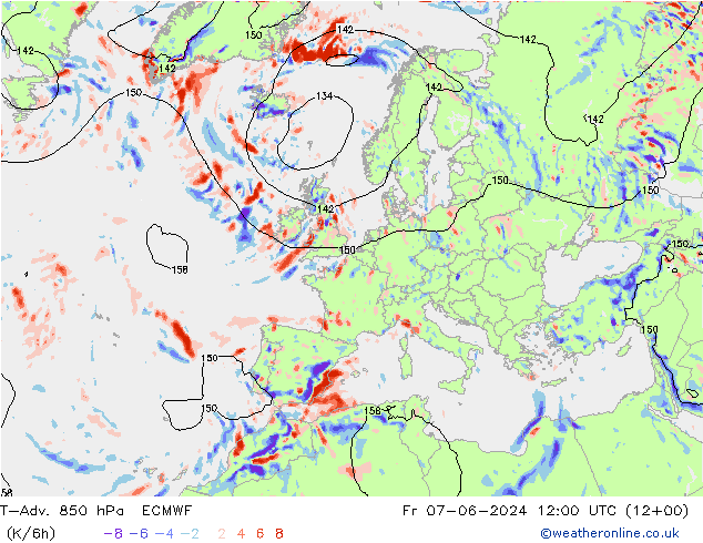 T-Adv. 850 hPa ECMWF Fr 07.06.2024 12 UTC