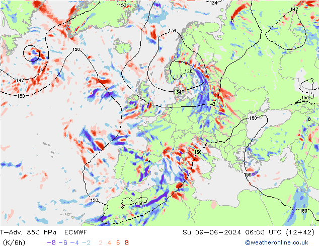 T-Adv. 850 hPa ECMWF Su 09.06.2024 06 UTC