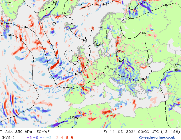 T-Adv. 850 hPa ECMWF Sex 14.06.2024 00 UTC