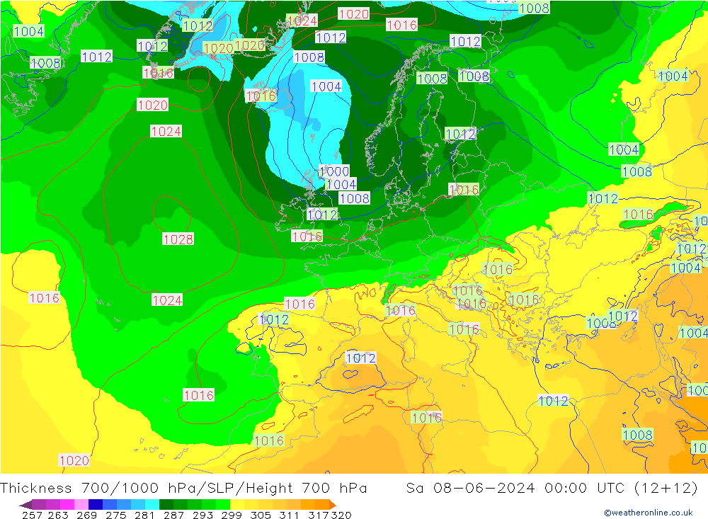 Schichtdicke 700-1000 hPa ECMWF Sa 08.06.2024 00 UTC