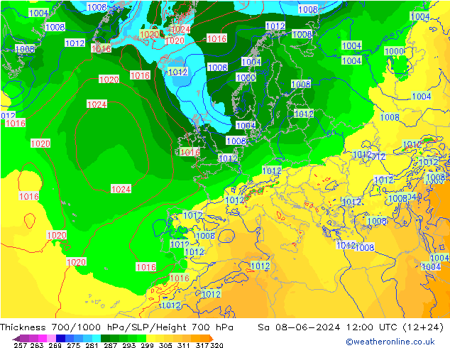 Schichtdicke 700-1000 hPa ECMWF Sa 08.06.2024 12 UTC