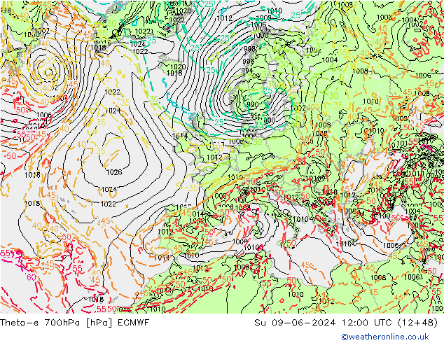 Theta-e 700hPa ECMWF Su 09.06.2024 12 UTC