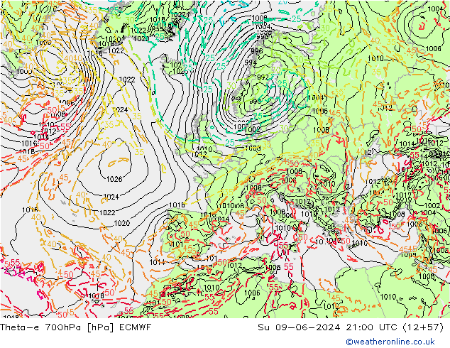 Theta-e 700hPa ECMWF nie. 09.06.2024 21 UTC