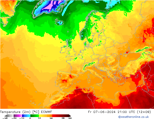 mapa temperatury (2m) ECMWF pt. 07.06.2024 21 UTC