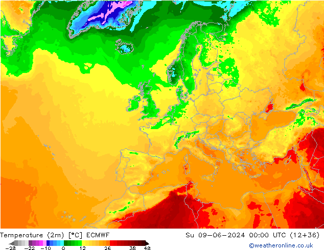 Temperatuurkaart (2m) ECMWF zo 09.06.2024 00 UTC