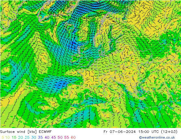 Rüzgar 10 m ECMWF Cu 07.06.2024 15 UTC