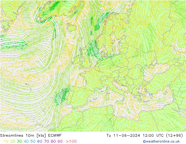 Streamlines 10m ECMWF Tu 11.06.2024 12 UTC