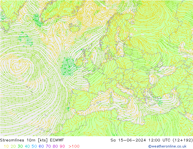 Streamlines 10m ECMWF Sa 15.06.2024 12 UTC