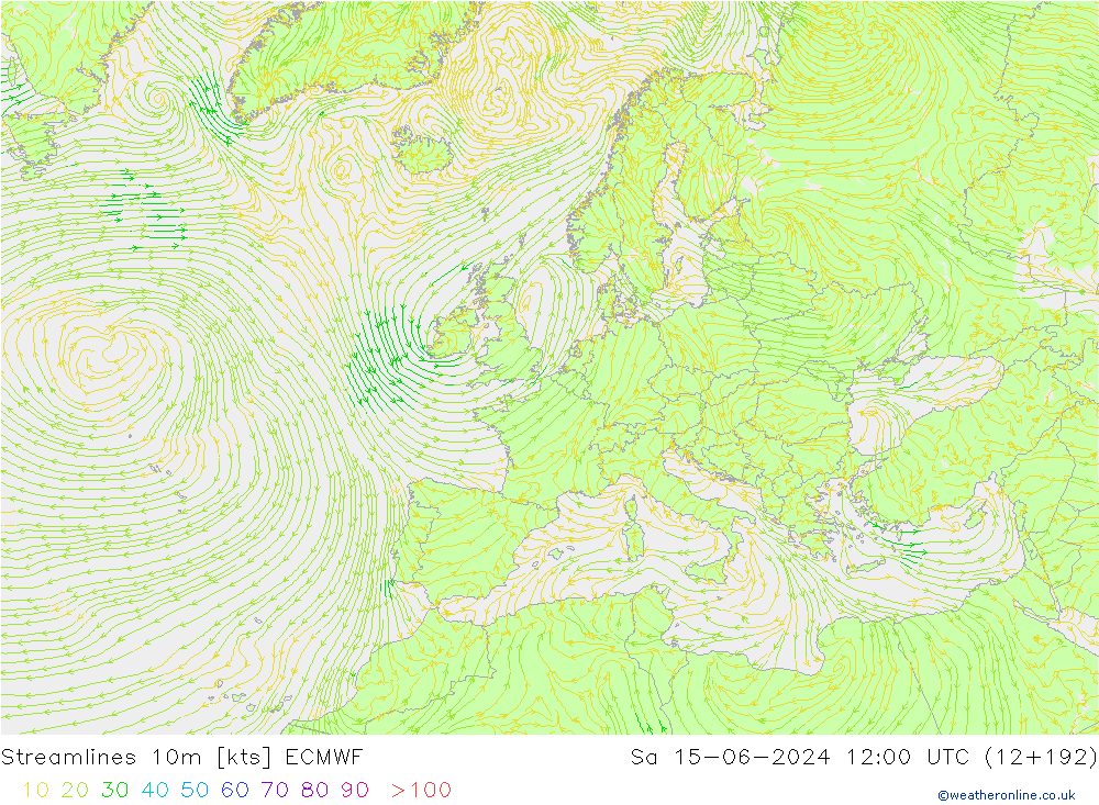 Ligne de courant 10m ECMWF sam 15.06.2024 12 UTC