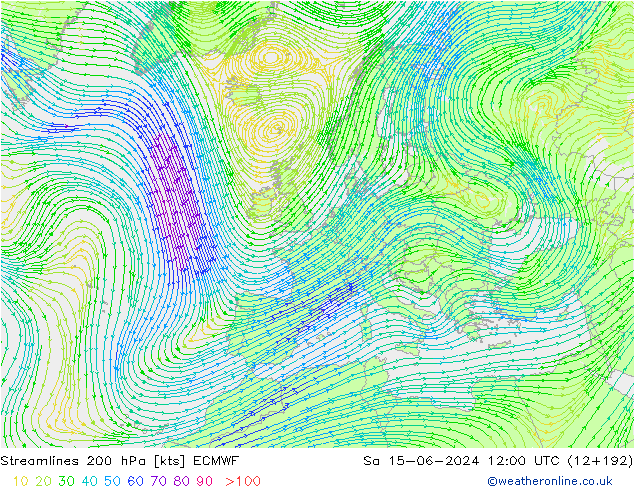 Stromlinien 200 hPa ECMWF Sa 15.06.2024 12 UTC