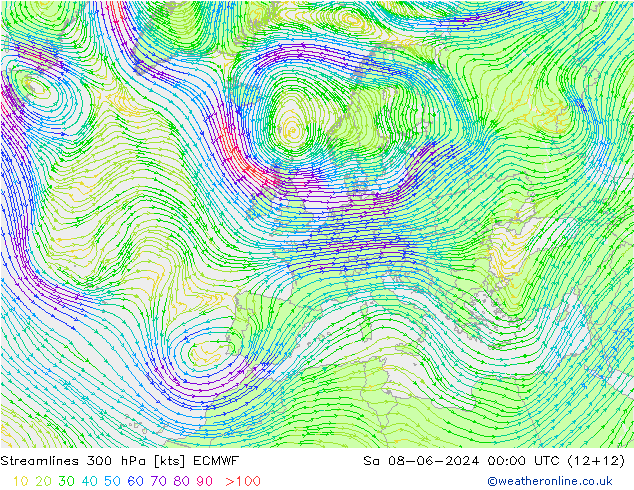 Linea di flusso 300 hPa ECMWF sab 08.06.2024 00 UTC