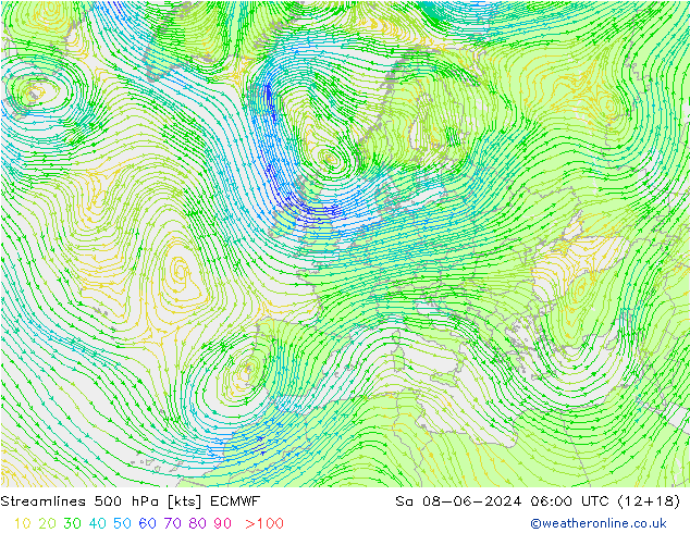 Stroomlijn 500 hPa ECMWF za 08.06.2024 06 UTC