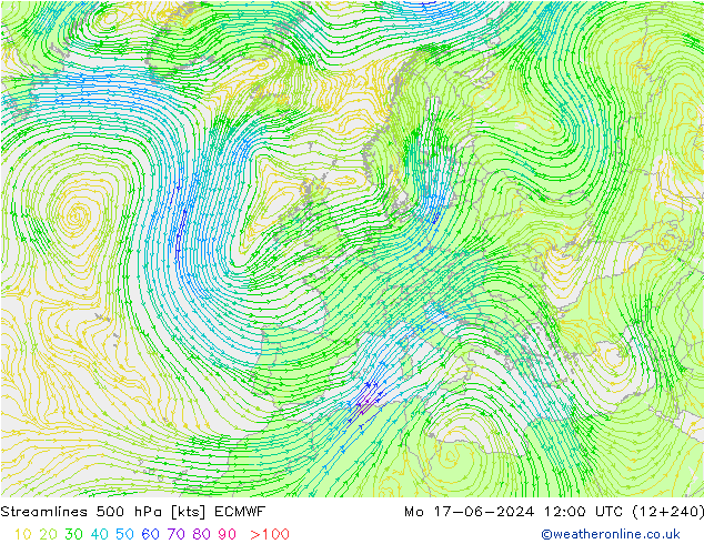 Linea di flusso 500 hPa ECMWF lun 17.06.2024 12 UTC