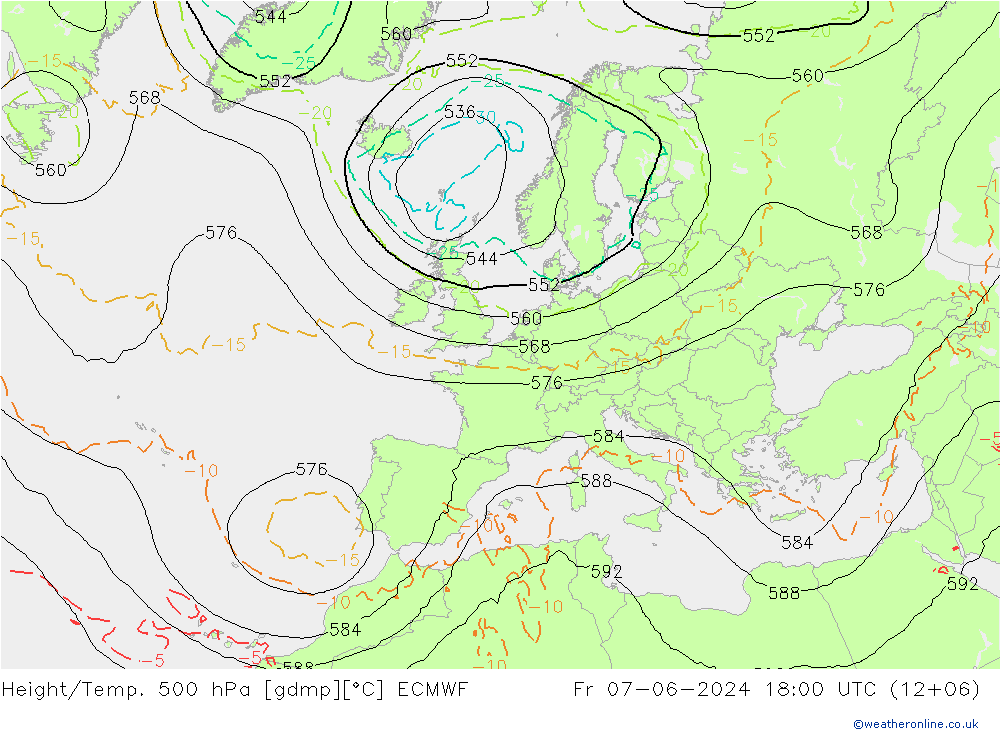 Z500/Rain (+SLP)/Z850 ECMWF Fr 07.06.2024 18 UTC