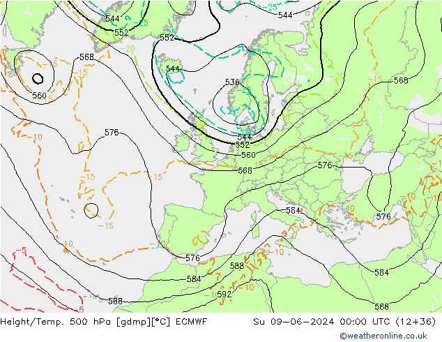 Z500/Rain (+SLP)/Z850 ECMWF 星期日 09.06.2024 00 UTC