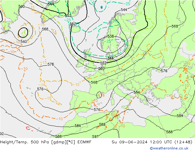 Z500/Rain (+SLP)/Z850 ECMWF So 09.06.2024 12 UTC