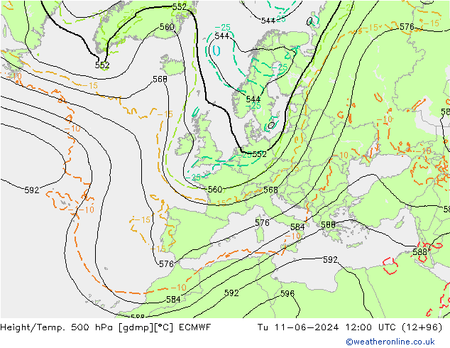 Z500/Rain (+SLP)/Z850 ECMWF wto. 11.06.2024 12 UTC