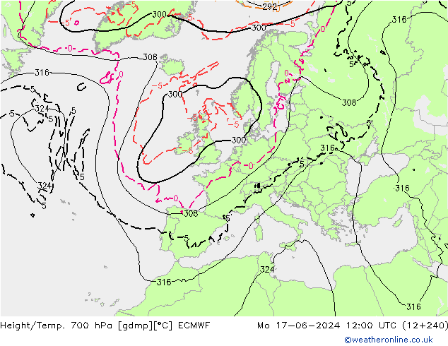 Height/Temp. 700 hPa ECMWF Mo 17.06.2024 12 UTC