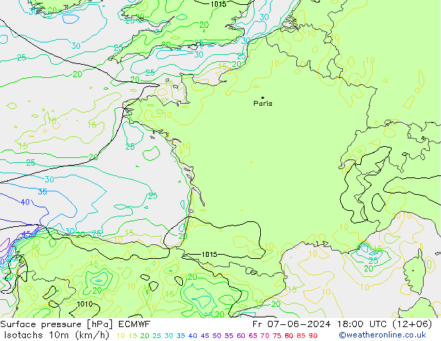 Isotachs (kph) ECMWF  07.06.2024 18 UTC
