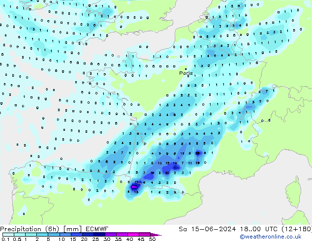 Precipitation (6h) ECMWF Sa 15.06.2024 00 UTC