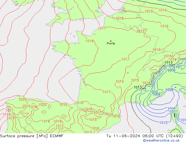 Luchtdruk (Grond) ECMWF di 11.06.2024 06 UTC