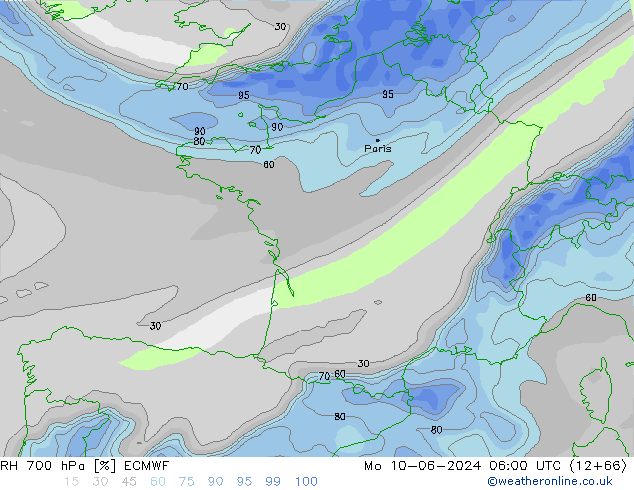 RH 700 гПа ECMWF пн 10.06.2024 06 UTC