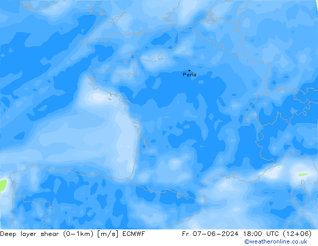 Deep layer shear (0-1km) ECMWF Fr 07.06.2024 18 UTC