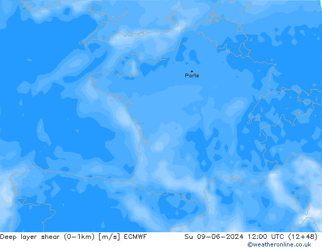 Deep layer shear (0-1km) ECMWF zo 09.06.2024 12 UTC