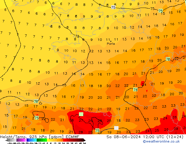 Height/Temp. 925 hPa ECMWF So 08.06.2024 12 UTC