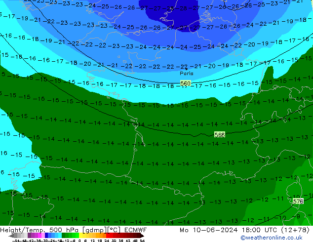 Z500/Rain (+SLP)/Z850 ECMWF Mo 10.06.2024 18 UTC