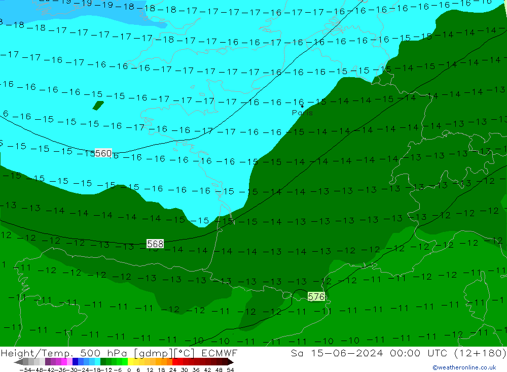 Geop./Temp. 500 hPa ECMWF sáb 15.06.2024 00 UTC