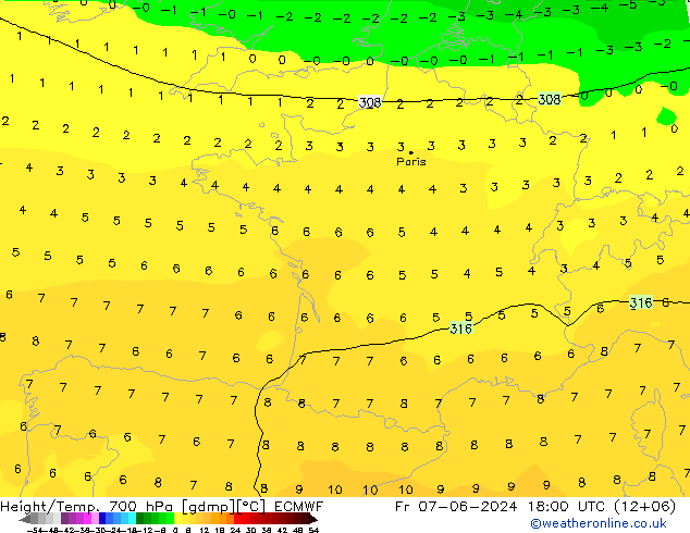 Height/Temp. 700 hPa ECMWF Fr 07.06.2024 18 UTC