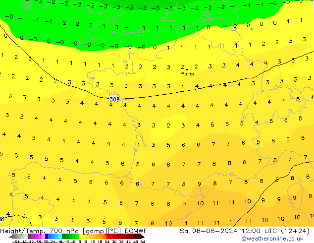 Height/Temp. 700 hPa ECMWF Sa 08.06.2024 12 UTC