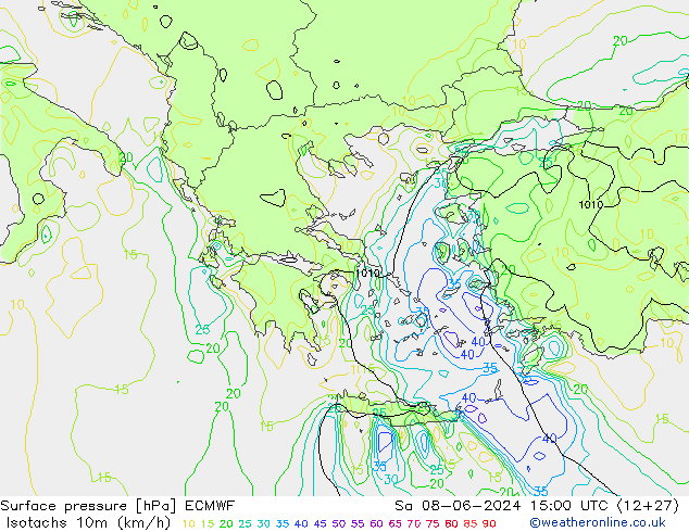 Izotacha (km/godz) ECMWF so. 08.06.2024 15 UTC