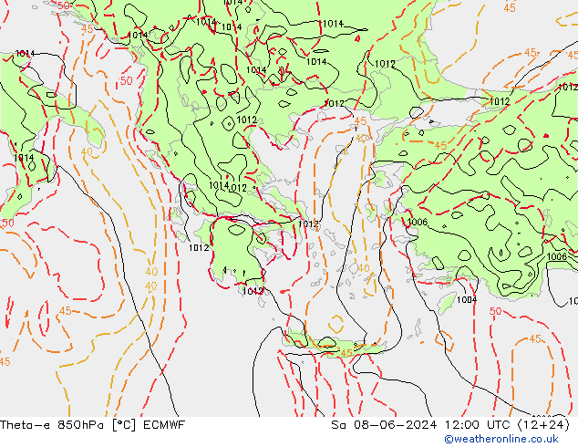 Theta-e 850hPa ECMWF so. 08.06.2024 12 UTC