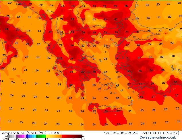 Temperaturkarte (2m) ECMWF Sa 08.06.2024 15 UTC