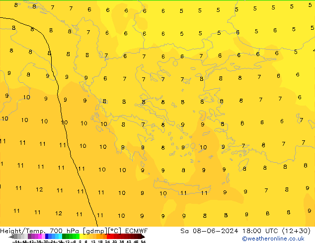 Hoogte/Temp. 700 hPa ECMWF za 08.06.2024 18 UTC