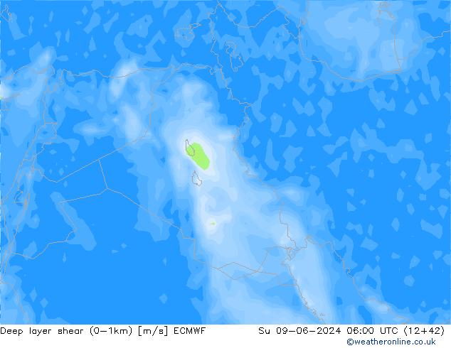 Deep layer shear (0-1km) ECMWF Dom 09.06.2024 06 UTC