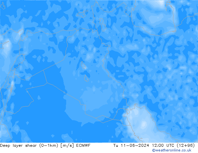 Deep layer shear (0-1km) ECMWF Út 11.06.2024 12 UTC