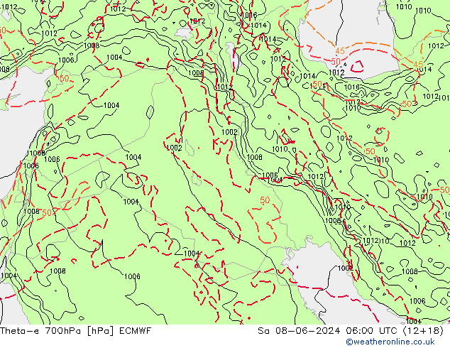 Theta-e 700hPa ECMWF sáb 08.06.2024 06 UTC