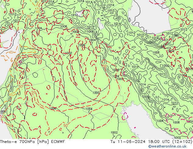 Theta-e 700hPa ECMWF Tu 11.06.2024 18 UTC