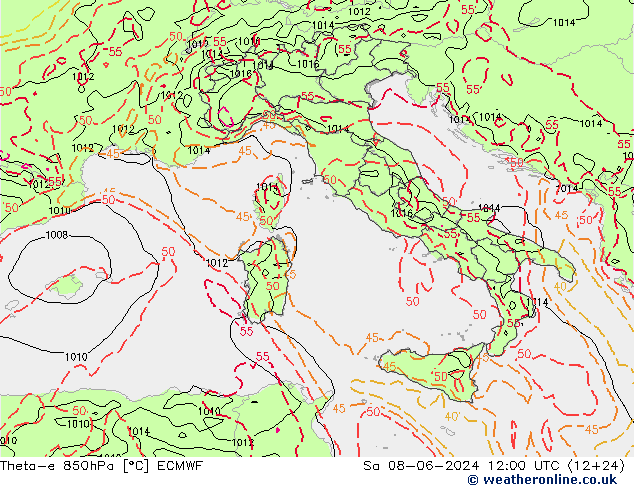 Theta-e 850hPa ECMWF Sa 08.06.2024 12 UTC