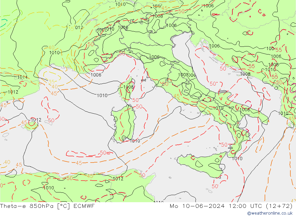 Theta-e 850hPa ECMWF ma 10.06.2024 12 UTC