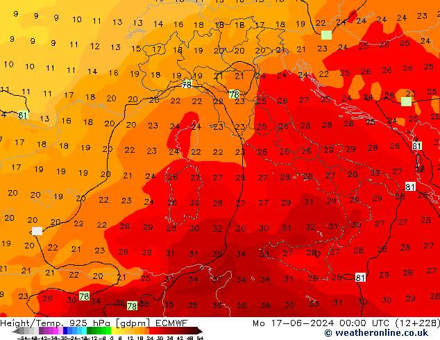 Geop./Temp. 925 hPa ECMWF lun 17.06.2024 00 UTC