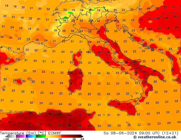 Sıcaklık Haritası (2m) ECMWF Cts 08.06.2024 09 UTC