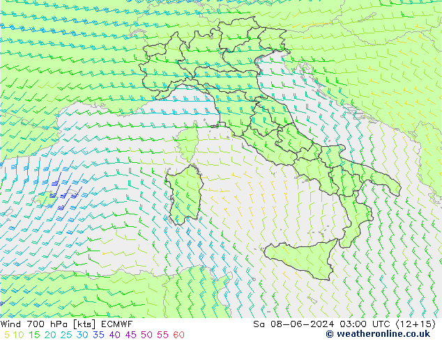 Vento 700 hPa ECMWF sab 08.06.2024 03 UTC