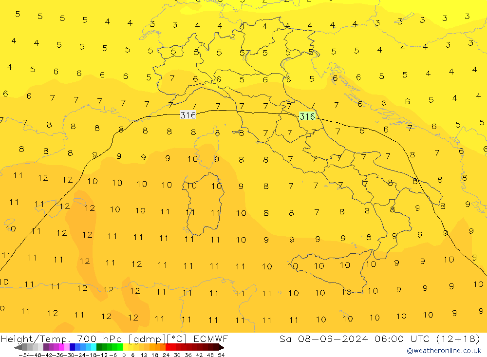 Hoogte/Temp. 700 hPa ECMWF za 08.06.2024 06 UTC