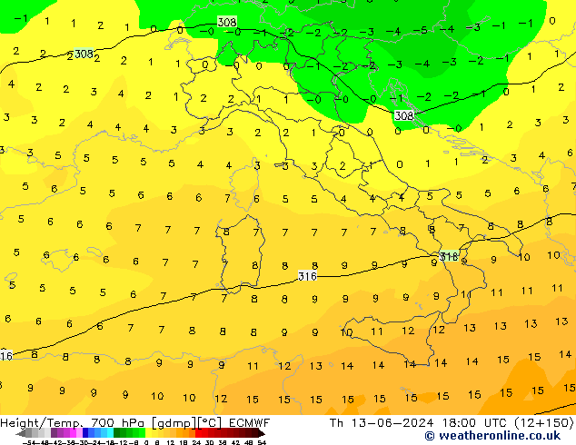 Height/Temp. 700 hPa ECMWF gio 13.06.2024 18 UTC